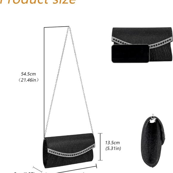 Pleated Evening Clutch Bag Rhinestone Envelope Handbag Small Glitter Shoulder Cr - Picture 2 of 8